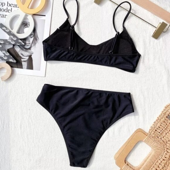 New Black Bralette Top High Waist High Leg Bikini Set Swimsuit - Picture 7 of 8